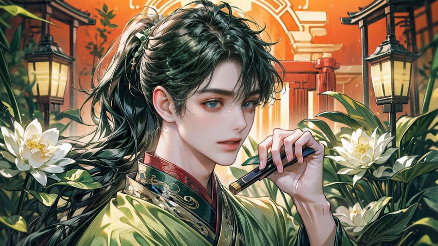 xianxia, (((best quality))),masterpiece,ultra high resolution,extraordinarily beautiful youth, a bright, villains smile,All green clothing,((boy 24 year old, green hanfu,green clothing, Chinese shirt style)) ,boy character ,((Thick black long hair)),beautiful face,detailed interior, detailed boy,((man)),(in bamboo forest), house China style, pure white lotus,beautiful and cute boy ,black eyes,((solo man)),(he has a Big eyes, charming lips, slim nose and small face),(slim figures ),ponytail and 冠, Hiogi fan,Japanese fan ,very long hair, thick hair, black hair ,eyes detailed,pony tails,solo men