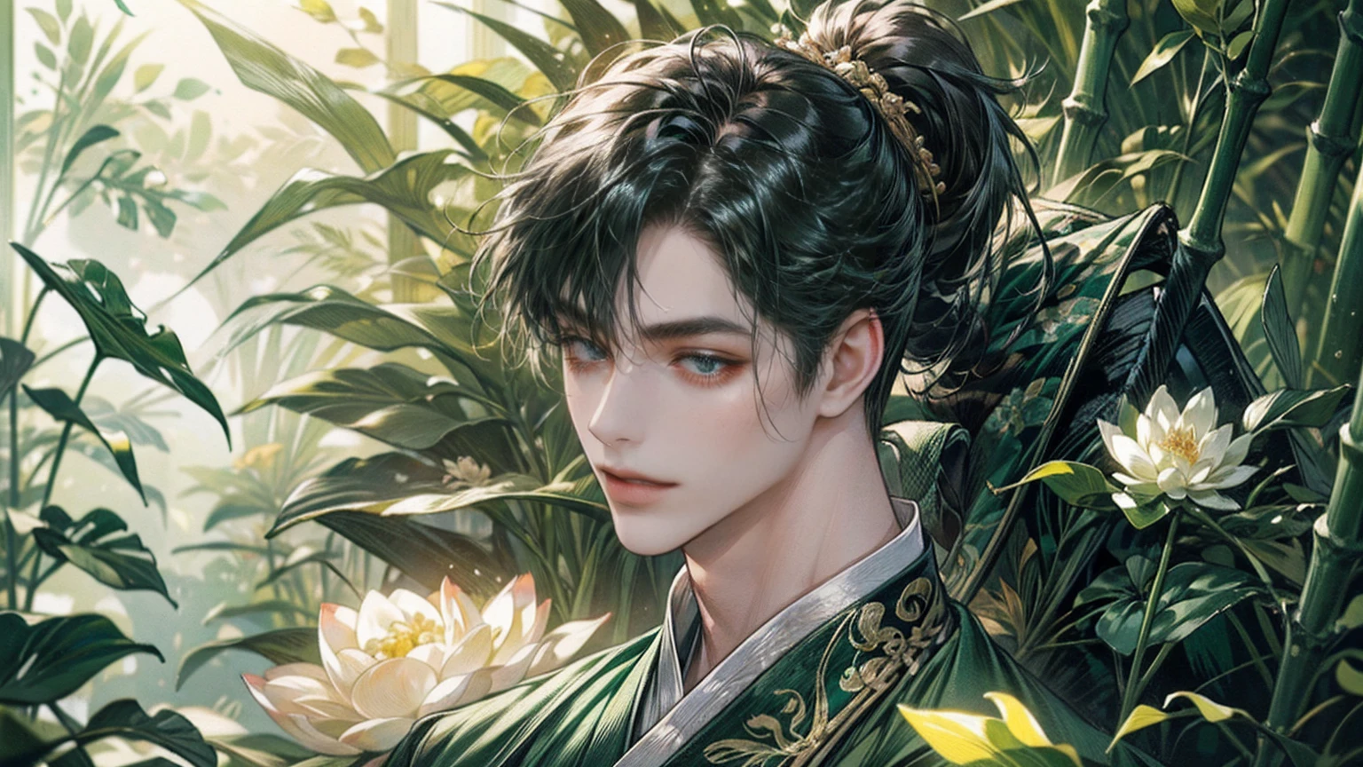 xianxia, (((best quality))),masterpiece,ultra high resolution,extraordinarily beautiful youth, a bright, villains smile,All green clothing,((boy 24 year old, green hanfu,green clothing, Chinese shirt style)) ,boy character ,((Thick black long hair)),beautiful face,detailed interior, detailed boy,((man)),(in bamboo forest), house China style, pure white lotus,beautiful and cute boy ,black eyes,((solo man)),(he has a Big eyes, charming lips, slim nose and small face),(slim figures ),ponytail and 冠, Hiogi fan,Japanese fan ,very long hair, thick hair, black hair ,eyes detailed,pony tails,solo men