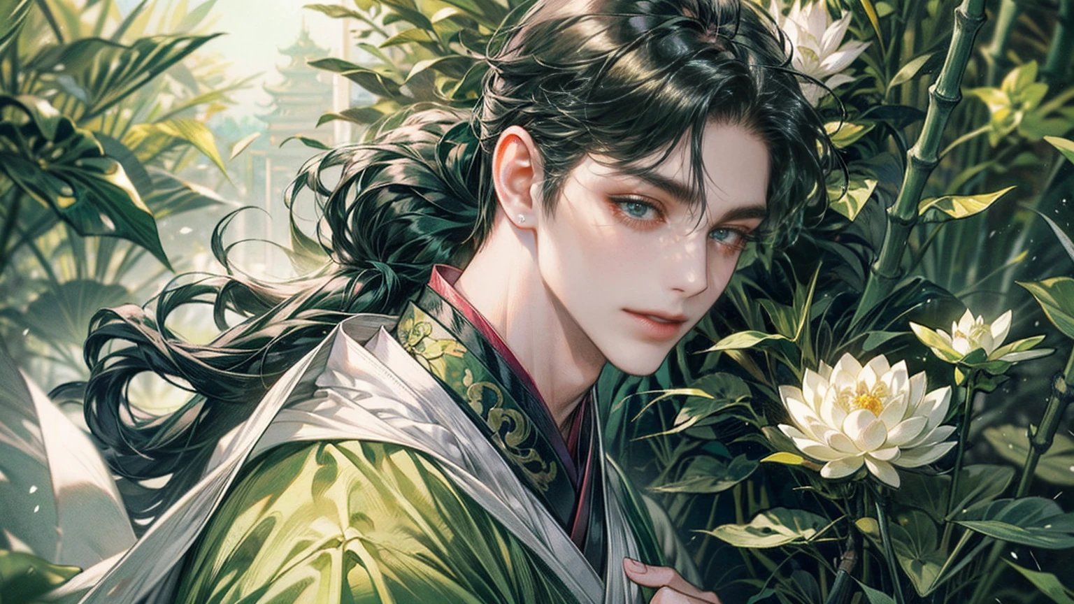 xianxia, (((best quality))),masterpiece,ultra high resolution,extraordinarily beautiful youth, a bright, villains smile,All green clothing,((boy 24 year old, green hanfu,green clothing, Chinese shirt style)) ,boy character ,((Thick black long hair)),beautiful face,detailed interior, detailed boy,((man)),(in bamboo forest), house China style, pure white lotus,beautiful and cute boy ,black eyes,((solo man)),(he has a Big eyes, charming lips, slim nose and small face),(slim figures ),ponytail and 冠, Hiogi fan,Japanese fan ,very long hair, thick hair, black hair ,eyes detailed,pony tails,solo men