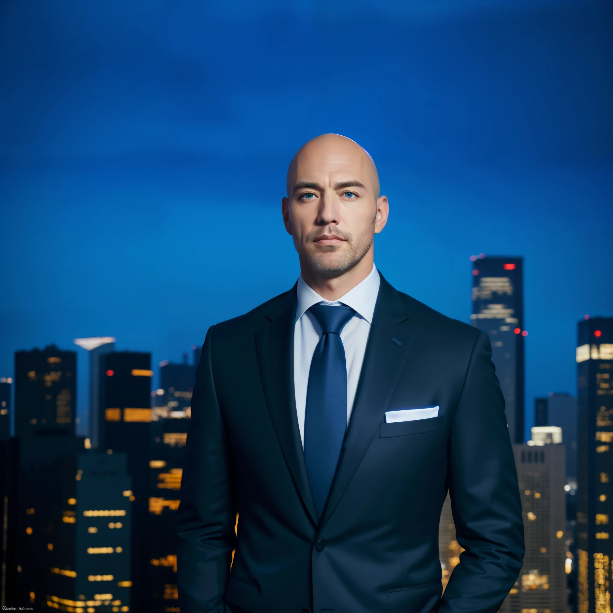 (absurdres, highres, ultra detailed, realistic, ), 1 male, solo, adult, mature, tall muscular guy, broad shoulders, handsome, very short hair, bald, blue eyes, angular bearded jaw, thick neck, thick eyebrows, night, dark, the night view of the city background, formal suit, necktie, upper body