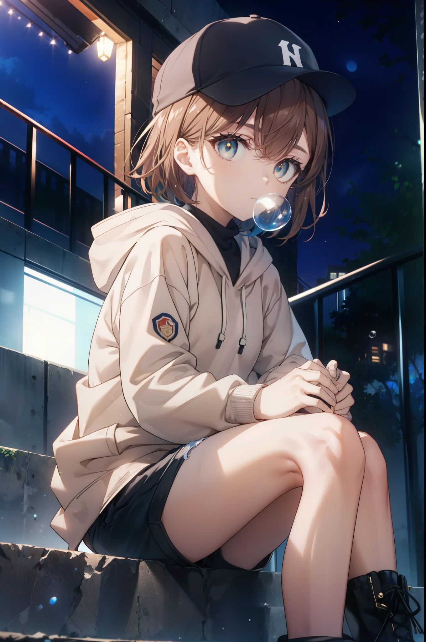 Mycotrose, Brown eyes,Brown Hair,short hair,Small breasts,Oversized black hoodie,Baseball hats,Shorts,boots,Both hands are in the pockets of the hoodie,Blowing bubble gum,Sitting on the stairs,night,moonlight,whole bodyがイラストに入るように,　　　　　　　　　　　　　　　　　 　　　break looking at viewer, whole body,　　　 　　　　　　break outdoors, Building district,　　　　　　　　　　　　　　　　　　break (masterpiece:1.2), Highest quality, High resolution, unity 8k wallpaper, (shape:0.8), (Beautiful and beautiful eyes:1.6), Highly detailed face, Perfect lighting, Highly detailed CG, (Perfect hands, Perfect Anatomy),