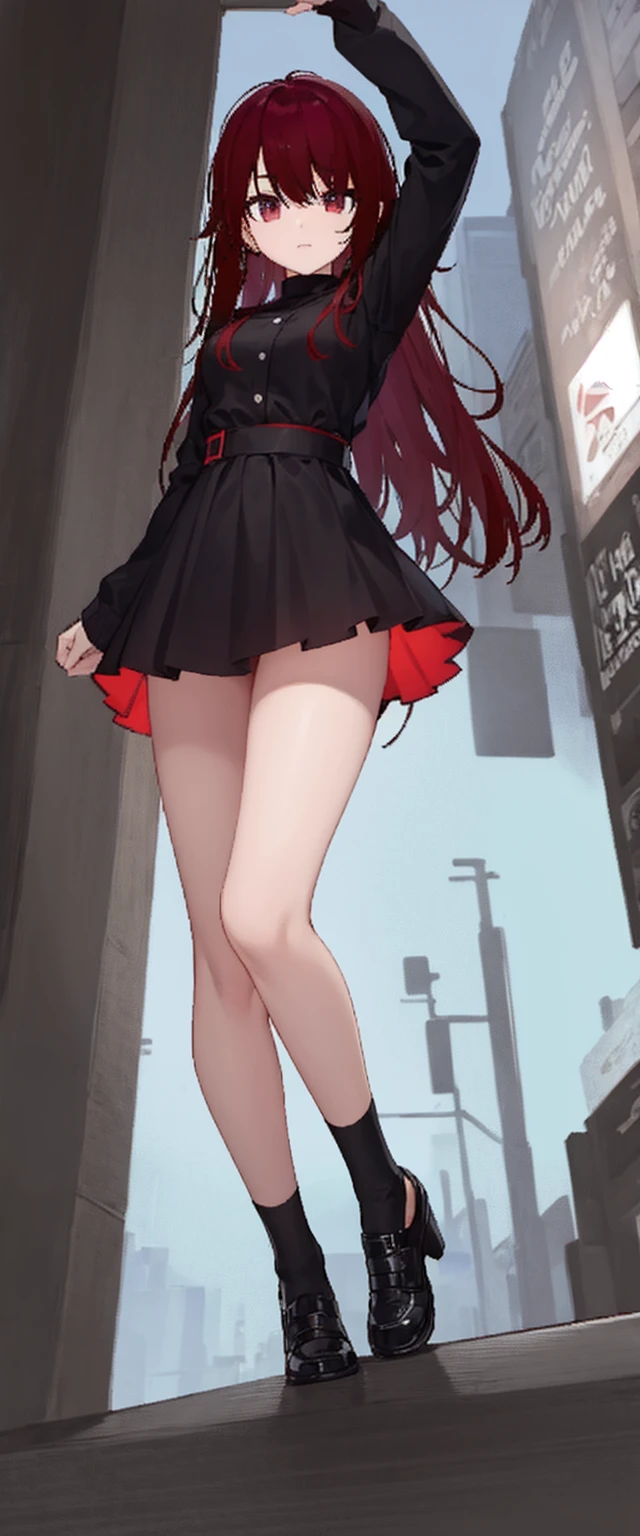 cool, standing, reaching out, red and black clothes, looking at viewer, outdoors, night