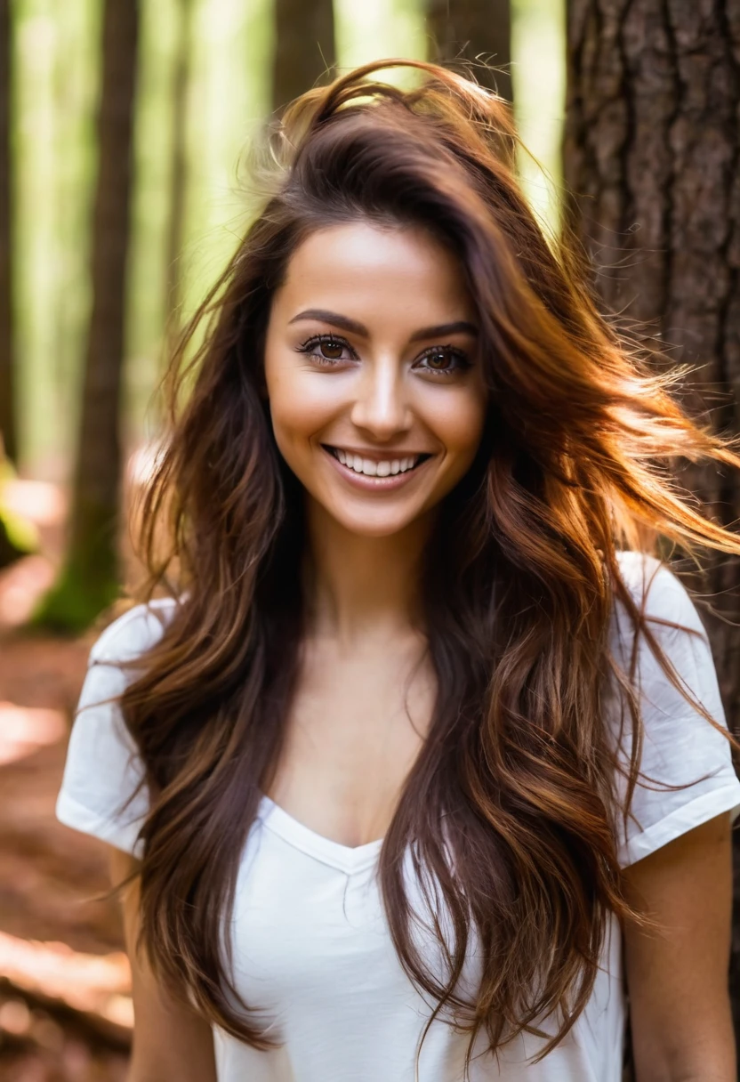 Femme dans la forêt souriante avec les cheveux marron les yeux marron vision de tout le corps avec une extreme bonne qualité