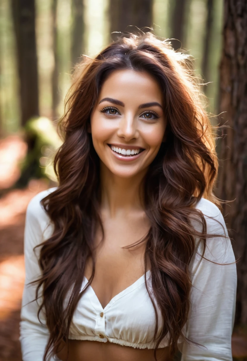 Femme dans la forêt souriante avec les cheveux marron les yeux marron vision de tout le corps avec une extreme bonne qualité 