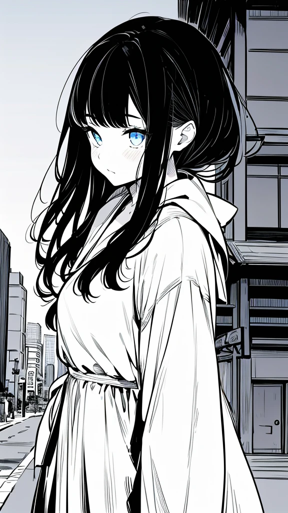 1girl,monochrome color, Blue Art, grayscales、​masterpiece、top-quality、Top image quality、straight haired、Hanging eyes、kawaii、A darK-haired、blue eyes、the wind、Buildings,Tokyo
