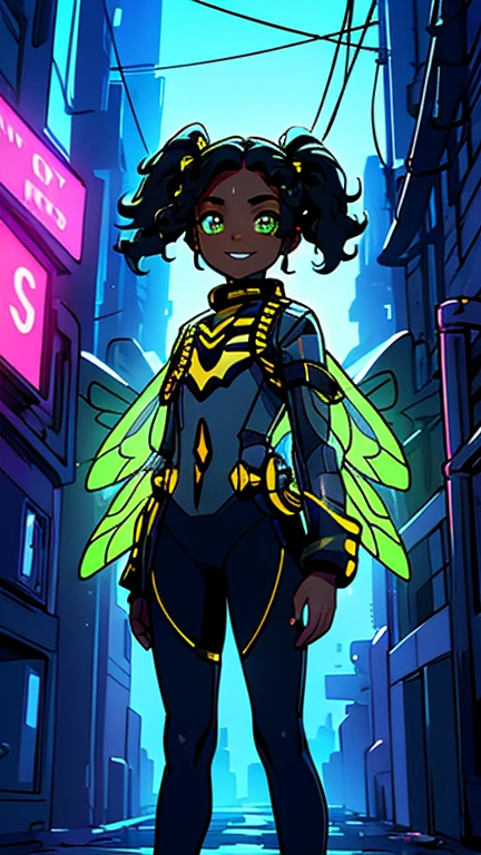 best quality,masterpiece,1girl,solo,(((13years old))),african girl,an extremely cute and handsome boy,highly detailed beautiful face and eyes,petit,cute face,lovely face,baby face,shy smile,show teeth, Black hair, curly twinTail hair,flat chest,skinny,slender,(((wearing a Bumblebee costume, Transparent wings))),(((standing in Dark Midnight Neon Glow light Cyberpunk metropolis city))),he is looking at the viewer, camisa