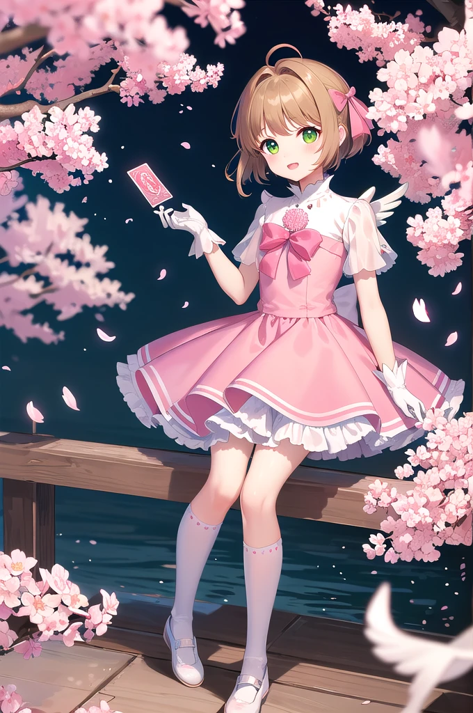 (masterpiece, Highest quality, detailed:1.3),(photograph:1.3), HD transparent background, High Detail, 1 Girl,pretty girl、cute、View your viewers、Cardcaptor_cherry blossoms、10 years old、young、short hair, Antenna Hair, Green Eyes, Frills, Puff short sleeves, White gloves, White knee socks, wing, jump, null, wing、wing、白いwing、Pink and white dress,cherry blossoms