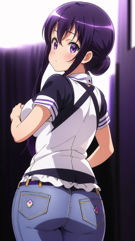 ((highest quality)), (High resolution), from behind, ((butt focus)), leaning forward, jeans, pubic hair, Tedeza Rise, Gochiusa, purple hair, long hair, twin tails, purple eyes, bangs, blush, eyebrow hair, big breasts, Backlight, white background