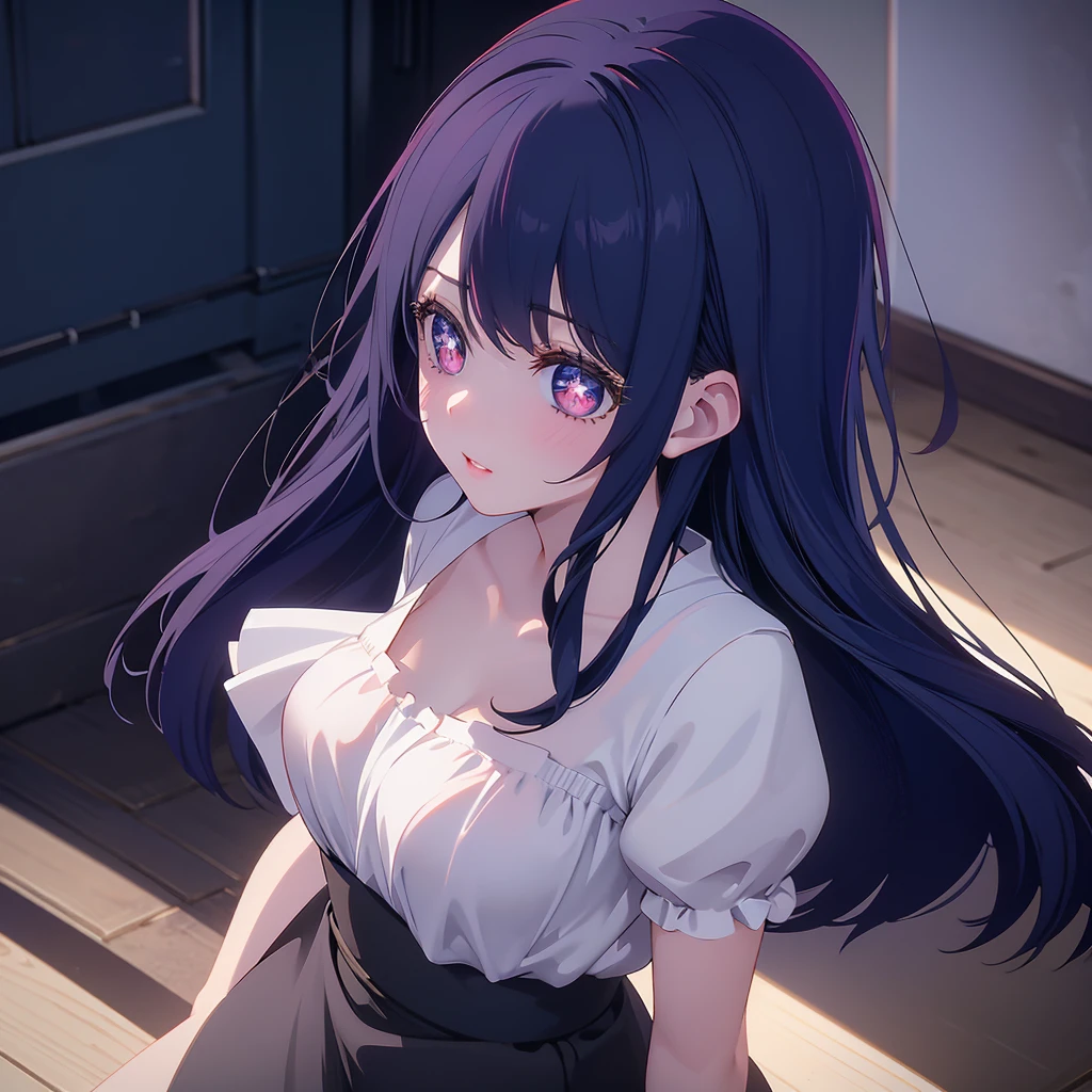 Mei has long dark purple hair and indigo eyes