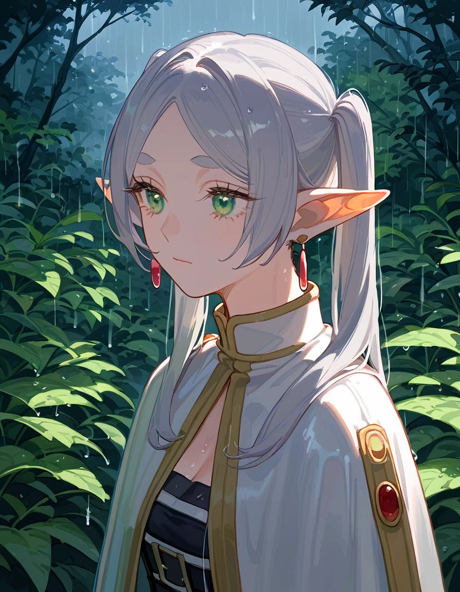 anime artwork, score_9, score_8_up, score_7_up, score_6_up, score_5_up, score_4_up,frieren, 1girl, green eyes, grey hair, twintails, pointy ears, eyebrows, earrings \\\\\\ floox style \\\\\ ,capelet, panorama, greenery, upper body, forest, sad, rain, raining