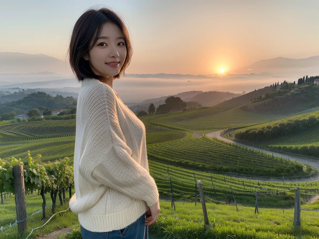 8k best picture quality, Beautiful 36-year-old Korean woman, short and nice weather. Chest size 34 inches, Dense fog at dawn in the Italian countryside, past the vineyard, The cathedral is visible in the fog in the distance., The back background is realistic and vivid image quality, Short and medium hair blowing in the wind, Wearing high-end luxury knitwear. casual pants, Smile. the background is clear, Short and slim Korean woman, stand far away, Photo taken with a wide-angle lens, The red sun rises