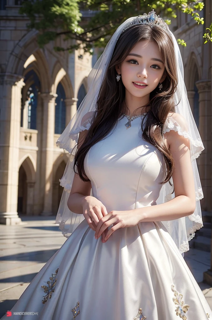 best quality, masterpiece, 1 girl, 5 fingers, long hair, huge laugh, cute teen, shiny lips, sweet, sun glare, Conservative attire, wedding dress, bridal tiara, depth of field, blurred background, Cathedral Background, light particles, strong wind, head tilt