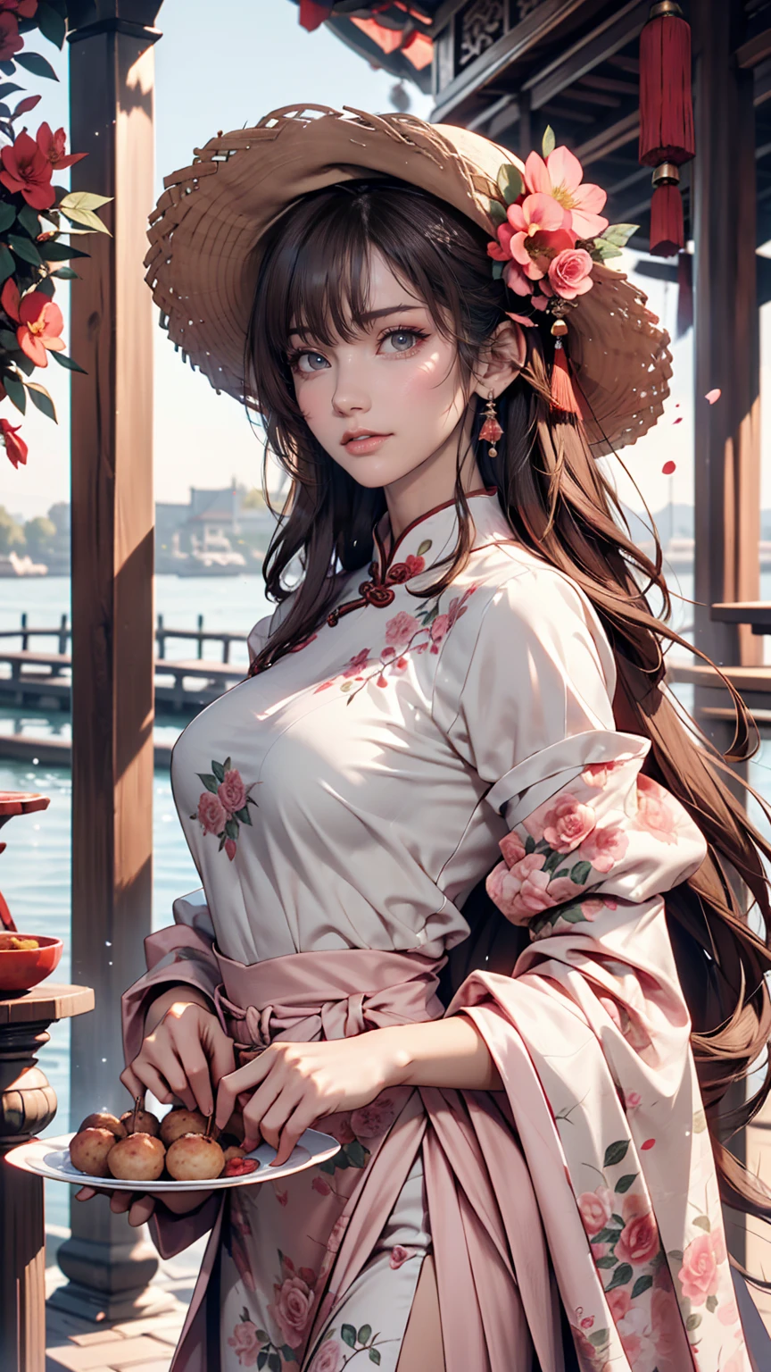 masterpiece, Highest quality, Waterfront, banquet, 1 female, Mature Woman, elegant, Chinese style, ancient China, younger sister, Royal younger sister, Happy, Meatball Head, Light brown hair, Pink Eyes, Gorgeous hat, Light pink lips, Pink clothes, thread-like clothes, intellectual, Full Bang, Flat bangs, Flower Ball, Delicate face,Updo