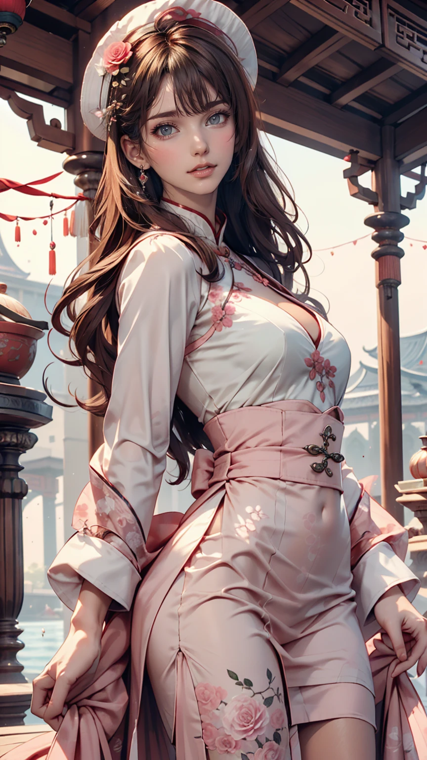 masterpiece, Highest quality, Waterfront, banquet, 1 female, Mature Woman, elegant, Chinese style, ancient China, younger sister, Royal younger sister, Happy, Meatball Head, Light brown hair, Pink Eyes, Gorgeous hat, Light pink lips, Pink clothes, thread-like clothes, intellectual, Full Bang, Flat bangs, Flower Ball, Delicate face,Updo