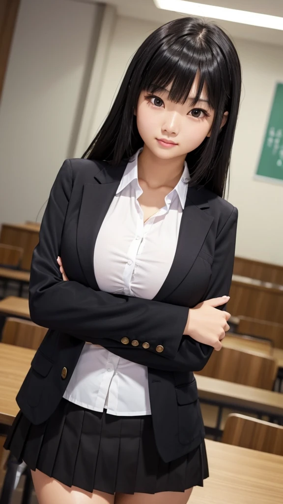 ((high quality)), ((Tabletop)), (Detailed face), (highlight),　Asian Girl、Big breasts、thigh、Black Hair、Heavy bangs、high school girl、skirt、blazer、