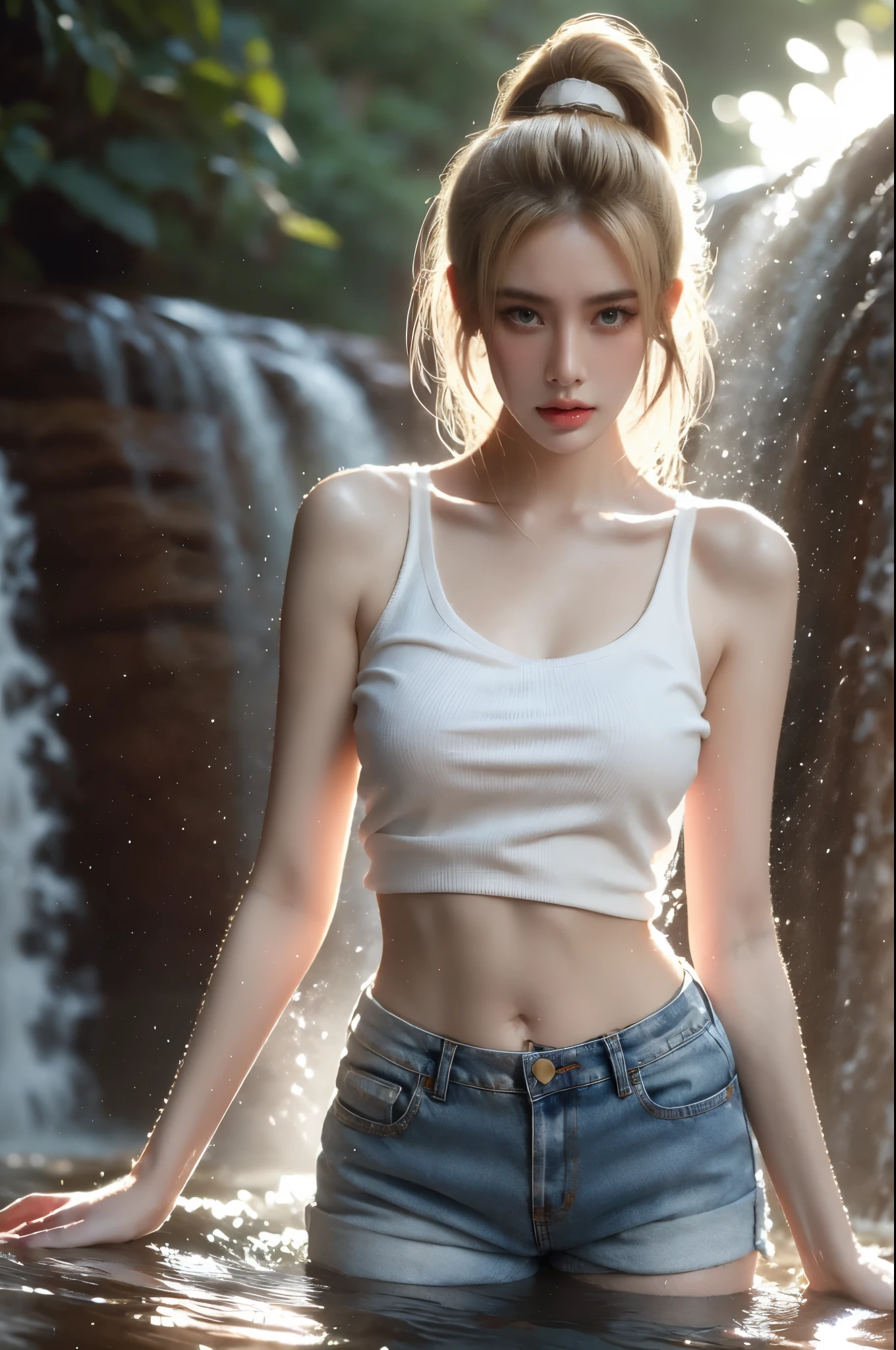 masutepiece, Best Quality, High quality, High Definition, high quality texture, high quality shadow, high detailing, Beautiful detailed, Finely detailed, extremely details CG, Detailed texture, realistic representation of face, Realistic, Colorful, Delicate, Cinematic Light, Ray tracing, Sharp Focus, (Intricate details, makeup, pureerosface_v1:0.5), (Detailed beautiful delicate face, Detailed beautiful delicate eyes, A perfectly proportioned face, High detailed skin, Detailed skin, best ratio four finger and one thumb, (((toppless))), (Large breasts), (((cleavage))), ((Smooth texture, Realistic texture, Photorealistic)), Detailed beautiful eyes, Beautiful eyelashes, emerald eyes, (blonde Medium Hair), 1 woman, at poolside, (((kneeling))), (((sheer sailor shirt, Sleeveless, Open front))), (((Navel ))), (((sheer Micro Mini Skirt))), (Beautiful face, Cute face, Detailed face), poolside, (cowboy shot), (((Put your arms behind your head to show your armpits))), (((Sunny))), Perfect Eyes Eyes,