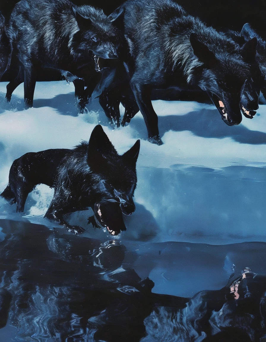 black wolves in water, light blue background