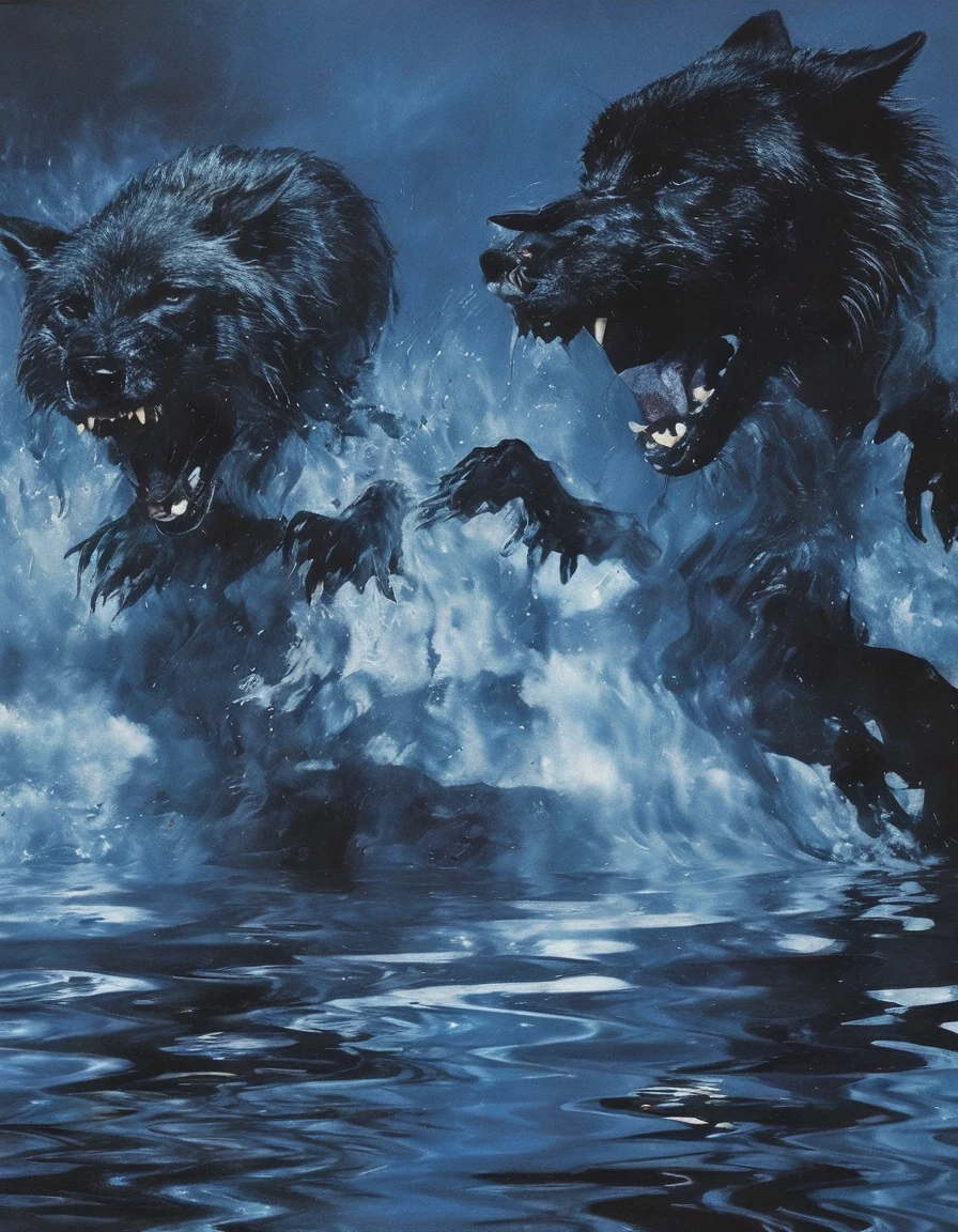 black wolves in water, light blue background