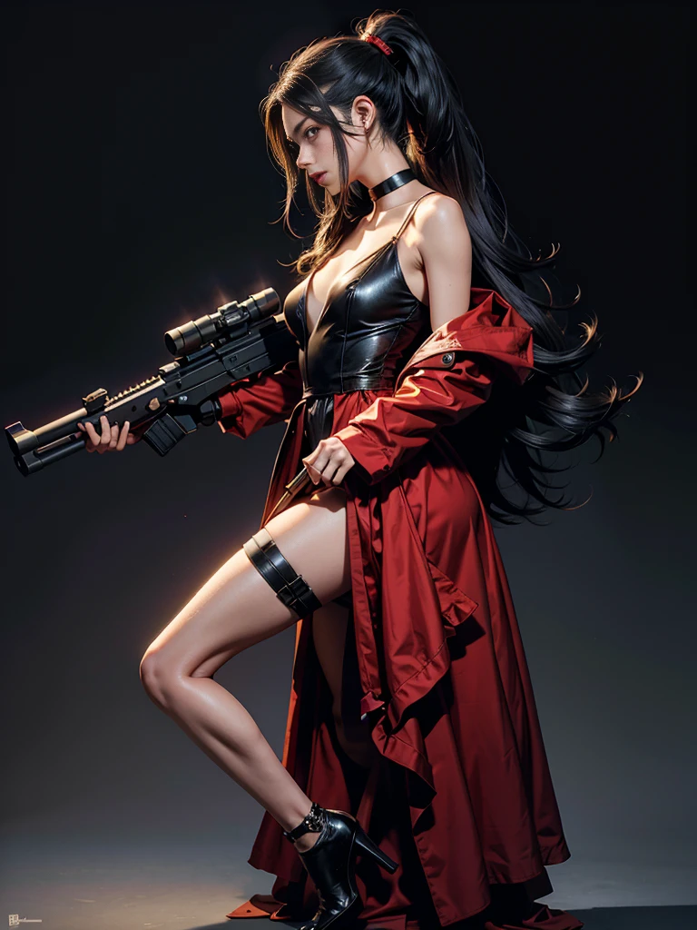 photorealistic rendering, hyperrealistic,
A beautiful girl with a mixed Indonesian and Asian face, long hair, wearing a long purple dress and red belt, and high black boots, standing with a pair of guns in her hands, staring sharply at the enemy, a red laser interface background that says "AISHA"
