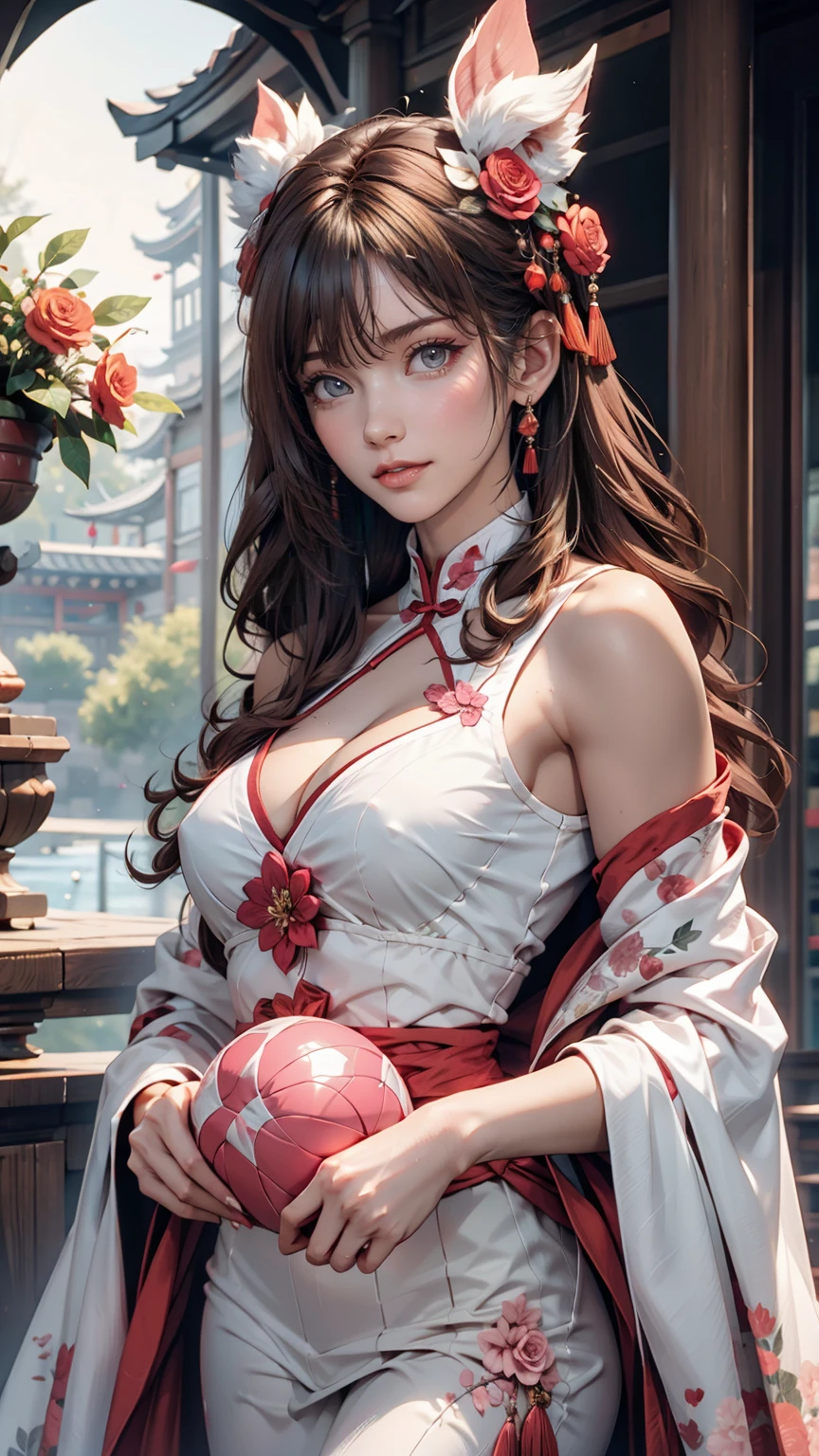 masterpiece, Highest quality, Waterfront, banquet, 1 female, Mature Woman, elegant, Chinese style, ancient China, younger sister, Royal younger sister, Happy, Meatball Head, Light brown hair, Pink Eyes, Gorgeous hat, Light pink lips, Pink clothes, thread-like clothes, intellectual, Full Bang, Flat bangs, Flower Ball, Delicate face,Updo