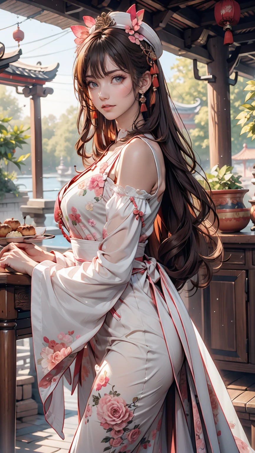 Highest quality, masterpiece, High resolution, One girl, ancient chinese pink dress, Beautiful Face, Ancient Chinese Clothing, Bow without original photo, elegant, Noble, Crown, Thin legs, Fairy, hair accessory, alone, View your viewers, smile, shut up, lips, Sheer summer dresses, hair accessory, necklace, jewelry, Long Hair, Earrings, architecture, east asian architecture、Sexy proportions、Sexy、female porn star、Narrow waist、Long eyelashes、Beautiful appearance、Stiletto heels