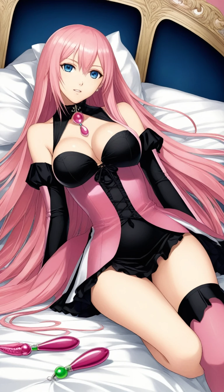 Official Art,Vocaloid Megurine Luka,Pink long hair,blue eyes,Big Breasts,lure,bed,