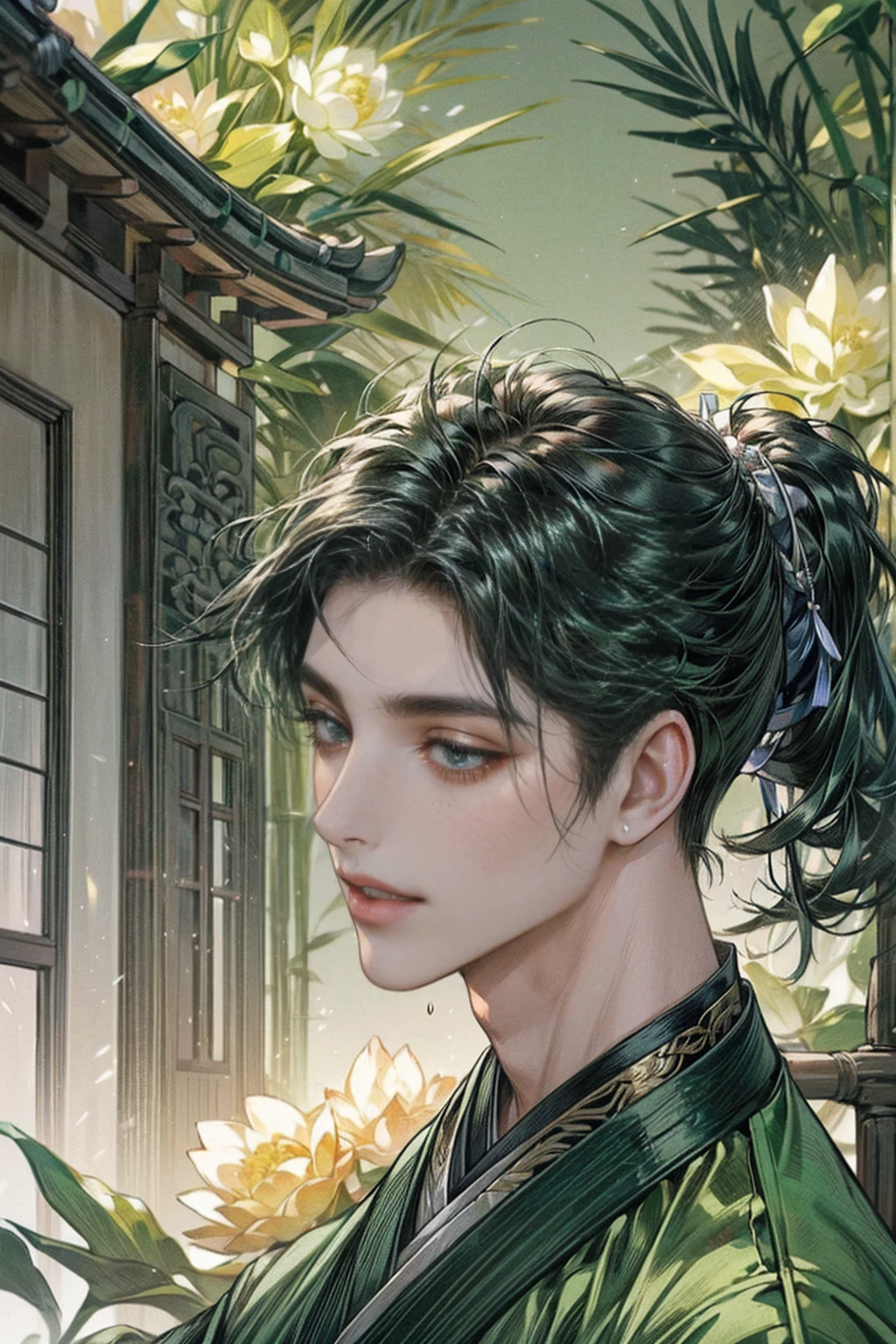 xianxia, (((best quality))),masterpiece,ultra high resolution,extraordinarily beautiful youth, a bright, villains smile,All green clothing,((boy 24 year old, green hanfu,green clothing, Chinese shirt style)) ,boy character ,((Thick black long hair)),beautiful face,detailed interior, detailed boy,((man)),(in bamboo forest), house China style, pure white lotus,beautiful and cute boy ,black eyes,((solo man)),(he has a Big eyes, charming lips, slim nose and small face),(slim figures ),ponytail and 冠, Hiogi fan,Japanese fan ,very long hair, thick hair, black hair ,eyes detailed,pony tails,solo man