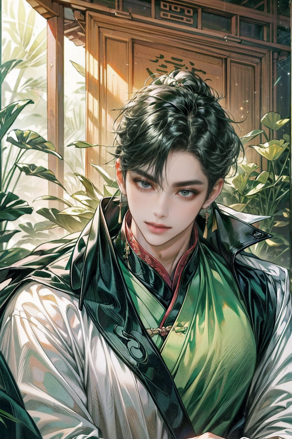 xianxia, (((best quality))),masterpiece,ultra high resolution,extraordinarily beautiful youth, a bright, villains smile,All green clothing,((boy 24 year old, green hanfu,green clothing, Chinese shirt style)) ,boy character ,((Thick black long hair)),beautiful face,detailed interior, detailed boy,((man)),(in bamboo forest), house China style, pure white lotus,beautiful and cute boy ,black eyes,((solo man)),(he has a Big eyes, charming lips, slim nose and small face),(slim figures ),ponytail and 冠, Hiogi fan,Japanese fan ,very long hair, thick hair, black hair ,eyes detailed,pony tails,solo man