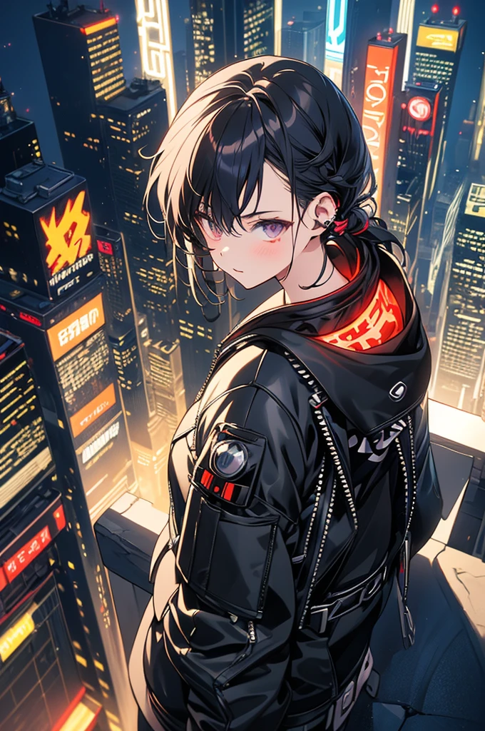 Highest quality, masterpiece, Ultra-high resolution,A man and two women standing on top of a building overlooking the city at night，Neon Town, cyber punk vibe, cyber punk art style, cyber punk vibes, digital cyber punk - anime art, cyber punk themed art, cyber punk anime art, digital cyber punk anime art, in cyber punk style, cyber punk artstyle, has cyber punk style, anime cyber punk art, in cyber punk city, cyber punk art, cyber punk))), cyber punk style, style of cyber punk