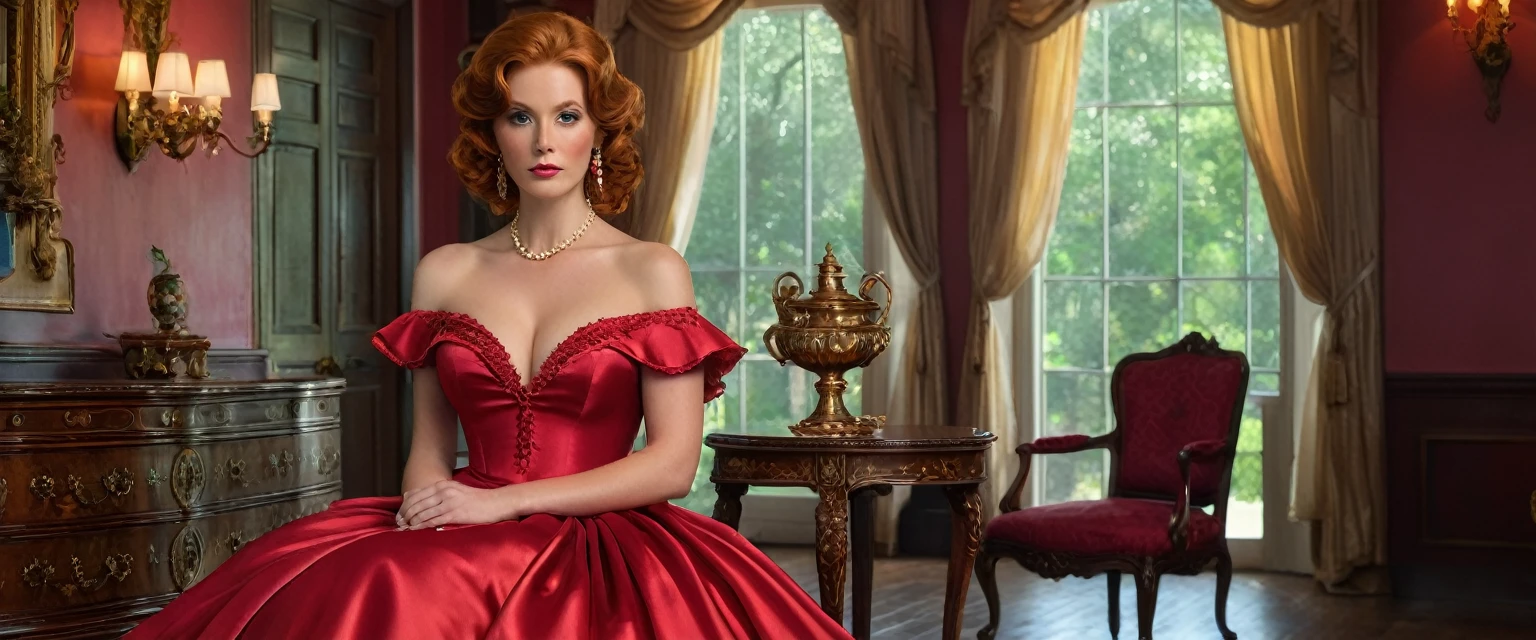 Create imaginative and amazing images demonstrating the style of ((Southern Belle)), hyper realistic, 8k, vibrant colors, sharp crisp image, Ginger hair, large pert breasts, low cut red silk satin dress, Classic antique furniture, a celling fan, Spanish Wells plantation,   