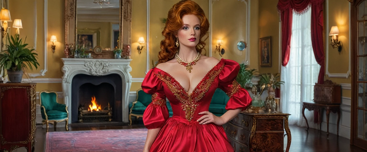 Create imaginative and amazing images demonstrating the style of ((Southern Belle)), hyper realistic, 8k, vibrant colors, sharp crisp image, Ginger hair, large pert breasts, low cut red silk satin dress, Classic antique furniture, a celling fan, Spanish Wells plantation,   