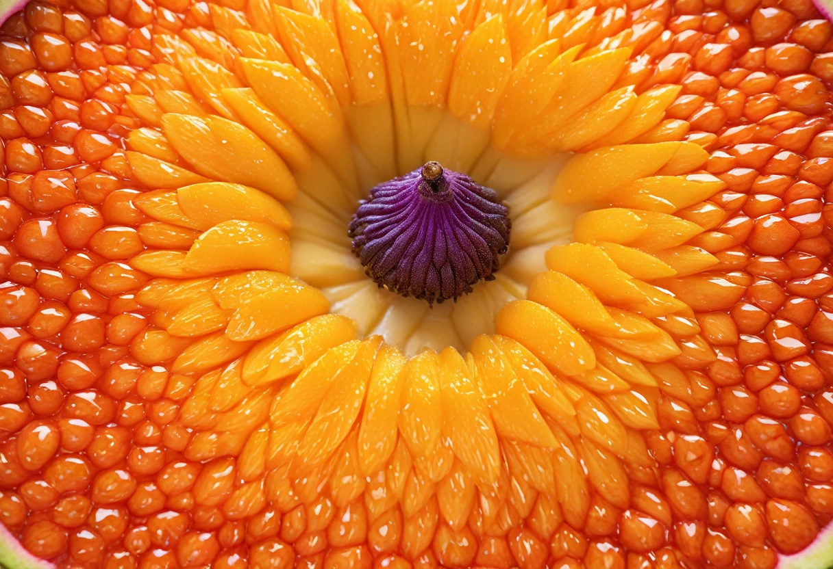 Generate a highly detailed and realistic photo of a unique, never-before-seen fruit that is a hybrid between a mangosteen and an orange. The fruit should have the round shape and deep purple rind of a mangosteen, but with the texture and vibrant orange color of an orange's skin. The rind should be slightly bumpy and segmented like an orange. When cut open, the fruit reveals juicy, orange-colored segments arranged similarly to an orange, but with the soft, fleshy texture of mangosteen segments. The interior should have a few seeds scattered among the segments. The fruit is placed on a simple, clean background with natural lighting that highlights its unique features. This photo should be highly detailed and visually captivating, showcasing the imaginative blend of these two fruits.
