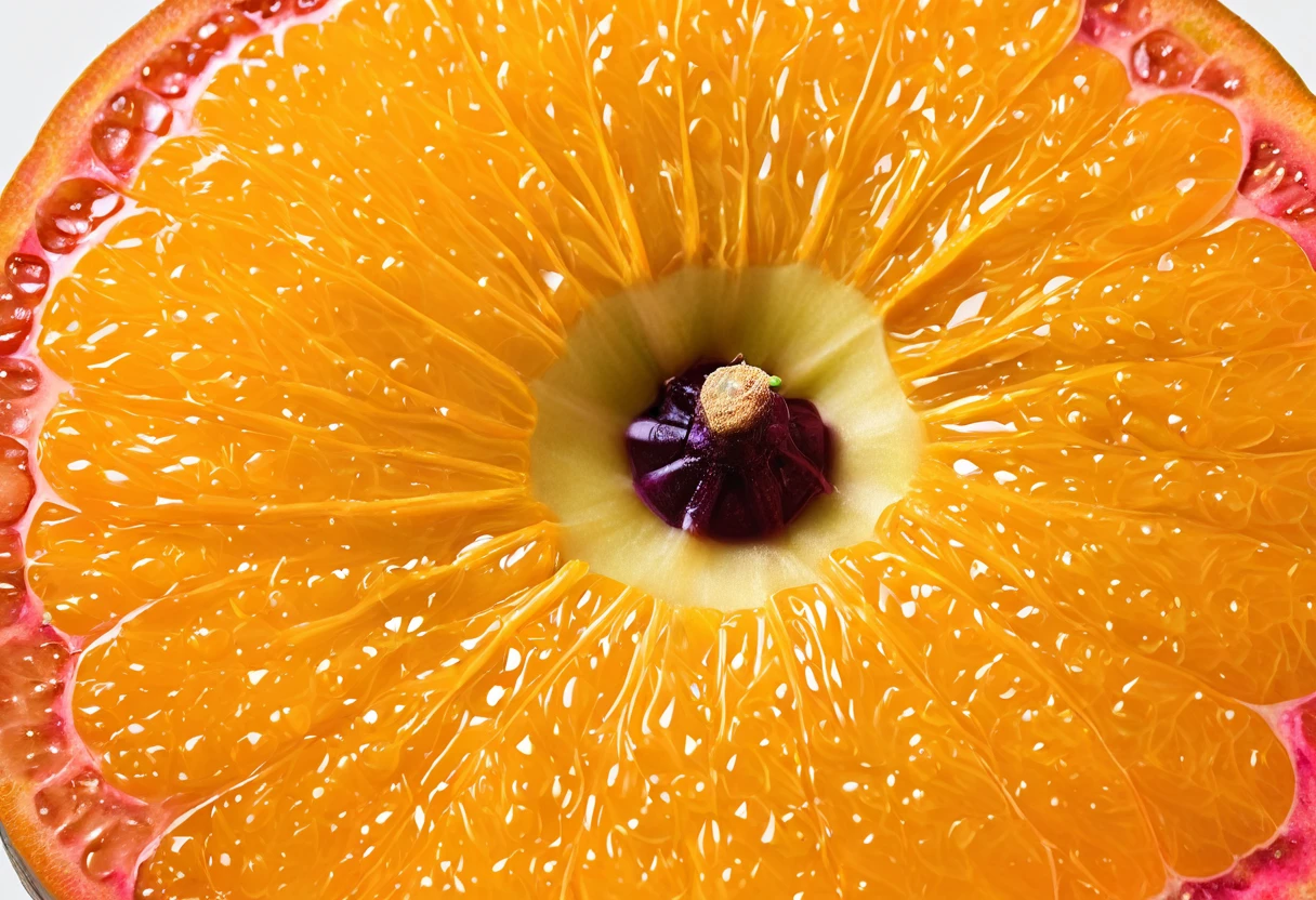 Generate a highly detailed and realistic photo of a unique, never-before-seen fruit that is a hybrid between a mangosteen and an orange. The fruit should have the round shape and deep purple rind of a mangosteen, but with the texture and vibrant orange color of an orange's skin. The rind should be slightly bumpy and segmented like an orange. When cut open, the fruit reveals juicy, orange-colored segments arranged similarly to an orange, but with the soft, fleshy texture of mangosteen segments. The interior should have a few seeds scattered among the segments. The fruit is placed on a simple, clean background with natural lighting that highlights its unique features. This photo should be highly detailed and visually captivating, showcasing the imaginative blend of these two fruits.