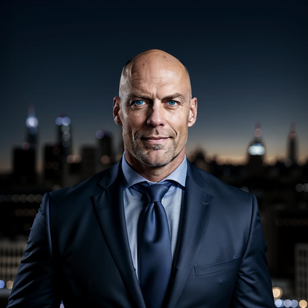 (absurdres, highres, ultra detailed, realistic, ), 1 male, solo, adult, mature, tall muscular guy, broad shoulders, handsome, very short hair, bald, blue eyes, angular bearded jaw, thick neck, thick eyebrows, night, dark, the night view of the city background, formal suit, necktie, upper body