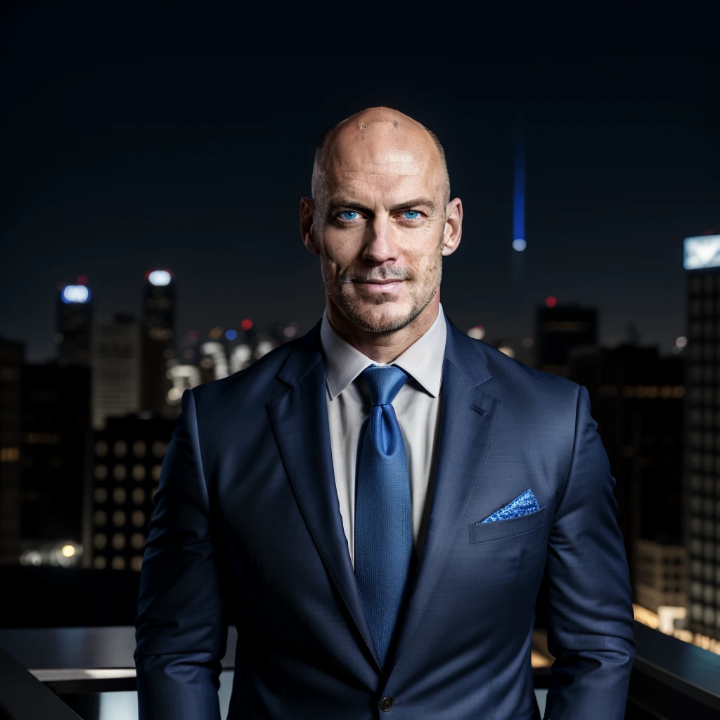 (absurdres, highres, ultra detailed, realistic, ), 1 male, solo, adult, mature, tall muscular guy, broad shoulders, handsome, very short hair, bald, blue eyes, angular bearded jaw, thick neck, thick eyebrows, night, dark, the night view of the city background, formal suit, necktie, upper body