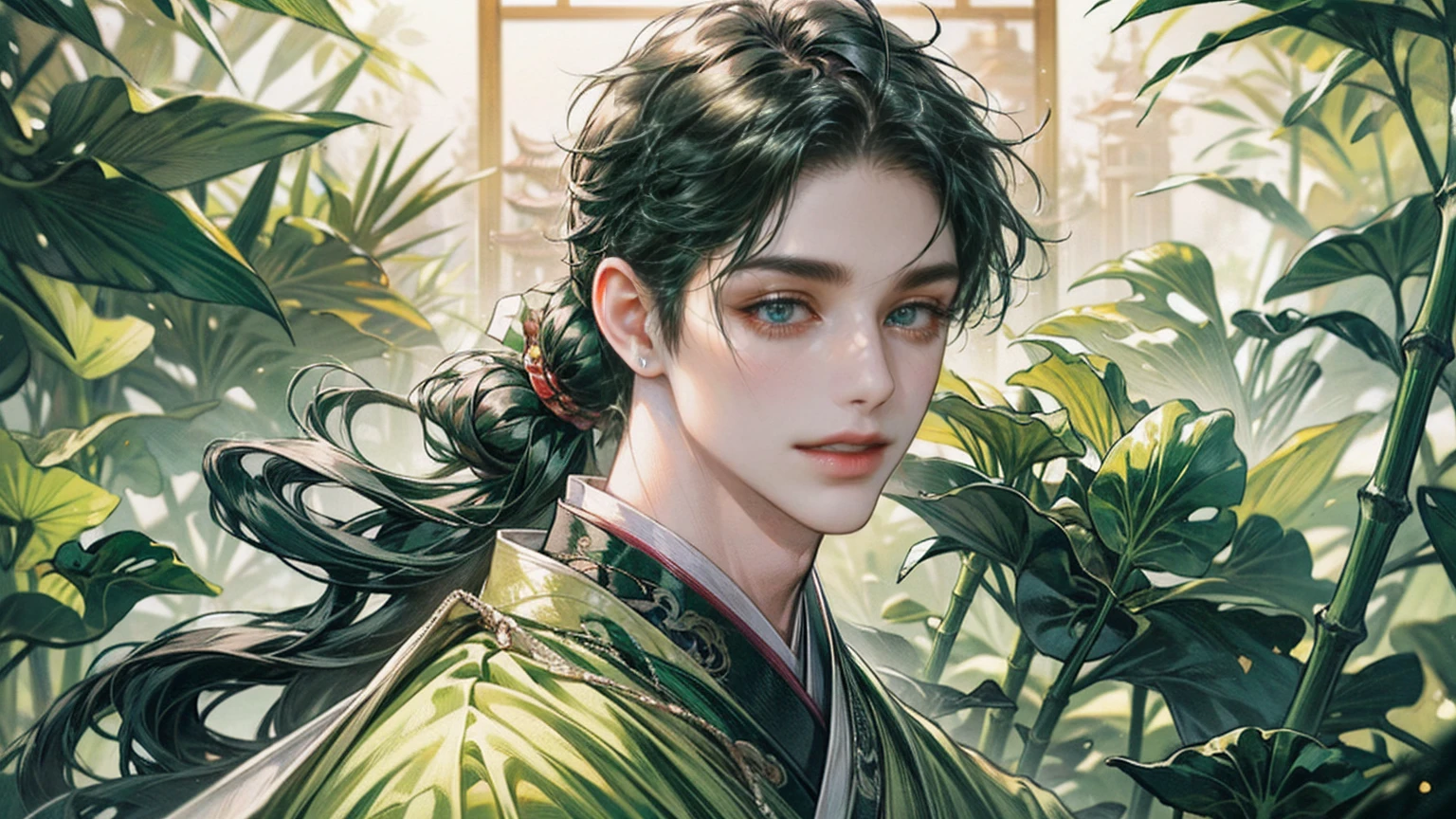 xianxia, (((best quality))),masterpiece,ultra high resolution,extraordinarily beautiful youth, a bright, villains smile,All green clothing,((boy 24 year old, green hanfu,green clothing, Chinese shirt style)) ,boy character ,((Thick black long hair)),beautiful face,detailed interior, detailed boy,((man)),(in bamboo forest), house China style, pure white lotus,beautiful and cute boy ,black eyes,((solo man)),(he has a Big eyes, charming lips, slim nose and small face),(slim figures ),ponytail and 冠, Hiogi fan,Japanese fan ,very long hair, thick hair, black hair ,eyes detailed,pony tails,solo man