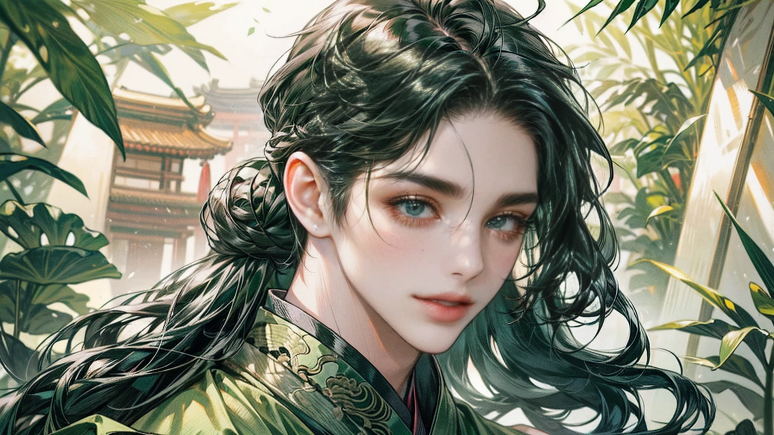 xianxia, (((best quality))),masterpiece,ultra high resolution,extraordinarily beautiful youth, a bright, villains smile,All green clothing,((boy 24 year old, green hanfu,green clothing, Chinese shirt style)) ,boy character ,((Thick black long hair)),beautiful face,detailed interior, detailed boy,((man)),(in bamboo forest), house China style, pure white lotus,beautiful and cute boy ,black eyes,((solo man)),(he has a Big eyes, charming lips, slim nose and small face),(slim figures ),ponytail and 冠, Hiogi fan,Japanese fan ,very long hair, thick hair, black hair ,eyes detailed,pony tails,solo man