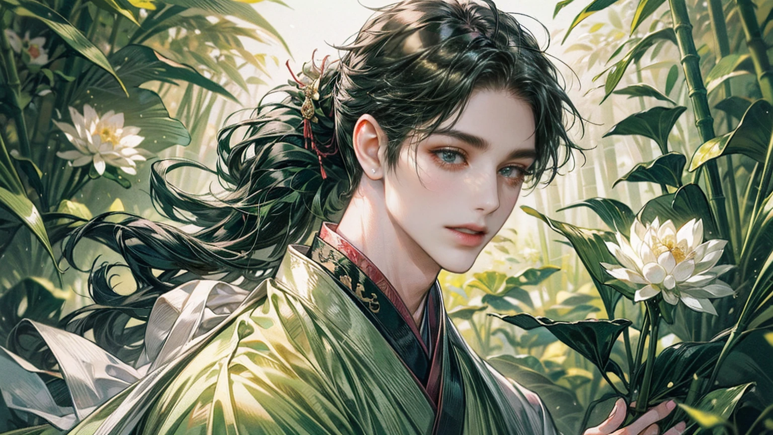 xianxia, (((best quality))),masterpiece,ultra high resolution,extraordinarily beautiful youth, a bright, villains smile,All green clothing,((boy 24 year old, green hanfu,green clothing, Chinese shirt style)) ,boy character ,((Thick black long hair)),beautiful face,detailed interior, detailed boy,((man)),(in bamboo forest), house China style, pure white lotus,beautiful and cute boy ,black eyes,((solo man)),(he has a Big eyes, charming lips, slim nose and small face),(slim figures ),ponytail and 冠, Hiogi fan,Japanese fan ,very long hair, thick hair, black hair ,eyes detailed,pony tails,solo man