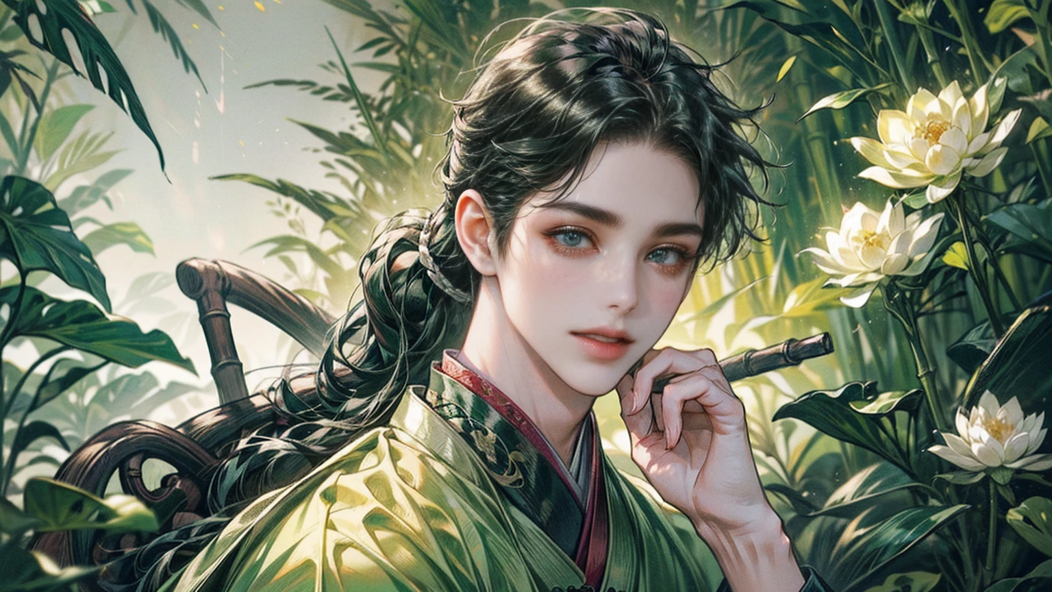 xianxia, (((best quality))),masterpiece,ultra high resolution,extraordinarily beautiful youth, a bright, villains smile,All green clothing,((boy 24 year old, green hanfu,green clothing, Chinese shirt style)) ,boy character ,((Thick black long hair)),beautiful face,detailed interior, detailed boy,((man)),(in bamboo forest), house China style, pure white lotus,beautiful and cute boy ,black eyes,((solo man)),(he has a Big eyes, charming lips, slim nose and small face),(slim figures ),ponytail and 冠, Hiogi fan,Japanese fan ,very long hair, thick hair, black hair ,eyes detailed,pony tails,solo man