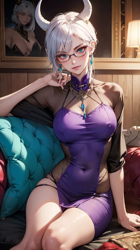 8k, masterpiece, best quality, highly detailed, 1 girl, tiefling, warlock, multicolored hair, very short straight hair green highlight hair on white hair, strippled hair, wearing glasses, round glasses, earrings, red eyeshadow, long eyelashes,navel piercing, blushed cheek, necklace, collarbone, mole, glamorous, purple and teal clothing, villainy, smirk, seductive face, close up view, rings, looking at viewer, demon horns, solo, chinese dress, ballroom, palace, blue pale moon, sitting, 