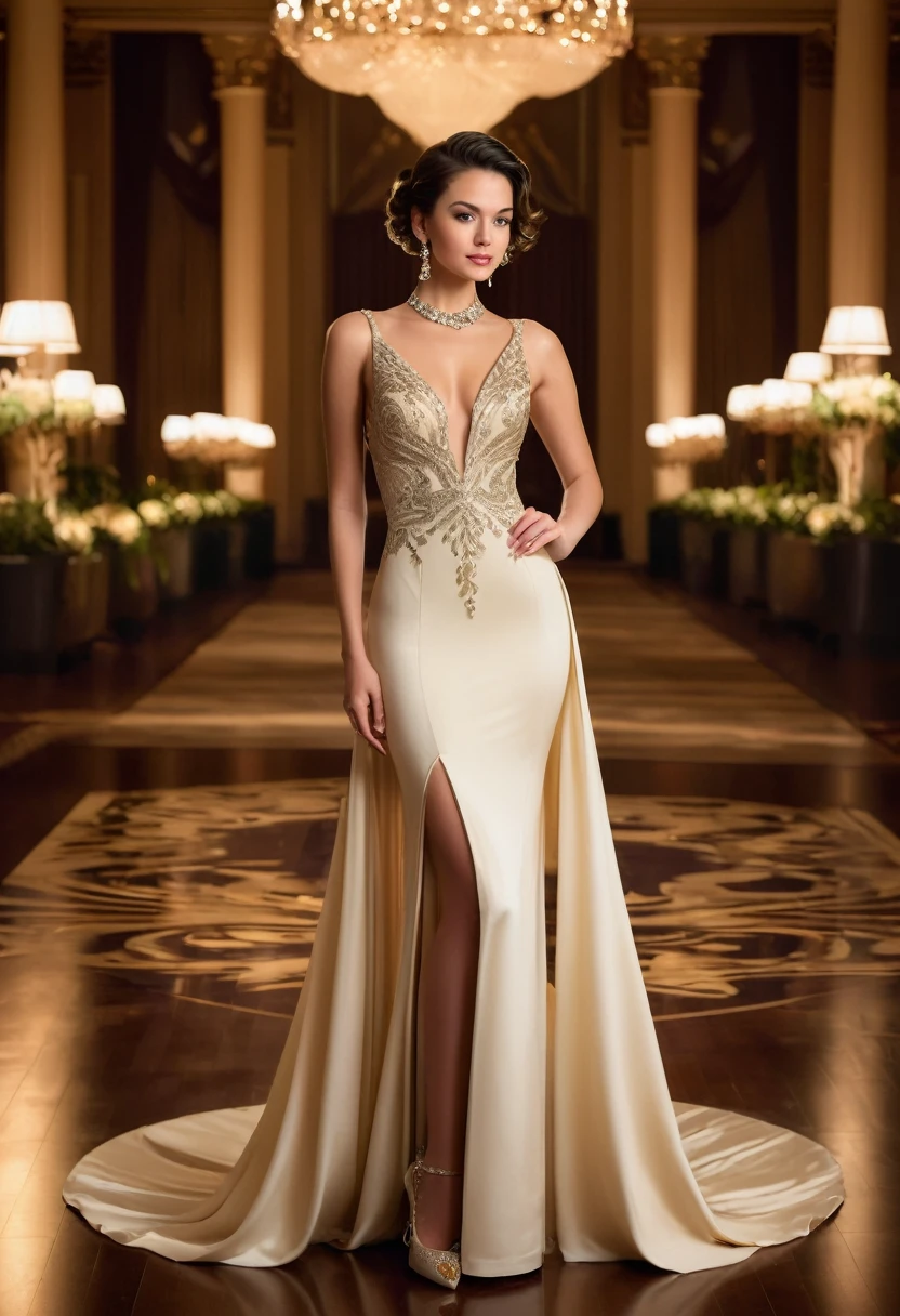 Full length"A young woman in a beautiful and elegant cream evening gown at a formal event. She is wearing a uniquely designed and stunning dress, complemented by luxurious jewelry and accessories. The background features a grand and lavish hall with warm, inviting lighting, showcasing a scene of splendor and beauty."