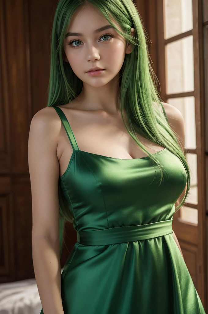 A young girl, Europe, Extremely detailed face, plump face, Oval face, green hair, green eyes, Long hair, two-strap silk dress, collarbones, lộ OR, normal mood, straight face, collarbones, OR, big body , pose facing the viewer