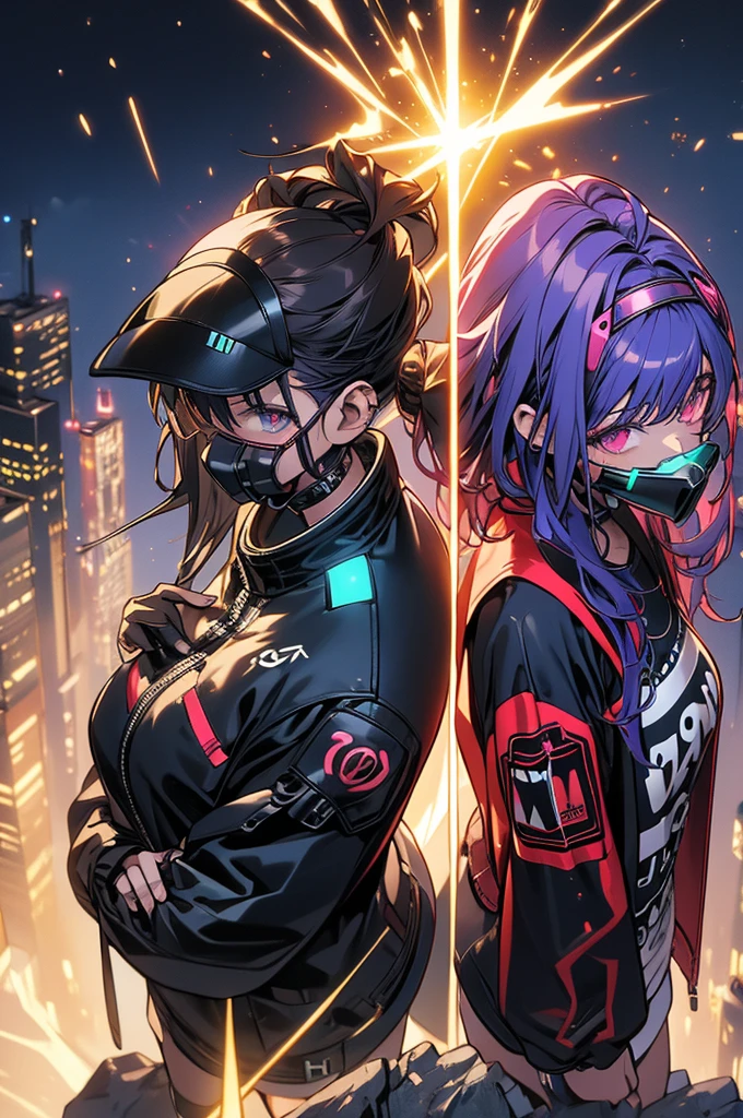 Highest quality, masterpiece, Ultra-high resolution,A man and two women standing on top of a building overlooking the city at night,Neon Town, cyber punk vibe, cyber punk art style, cyber punk vibes, digital cyber punk - anime art, cyber punk themed art, cyber punk anime art, digital cyber punk anime art, in cyber punk style, cyber punk artstyle, has cyber punk style, anime cyber punk art, in cyber punk city, cyber punk art, cyber punk))), cyber punk style, style of cyber punk