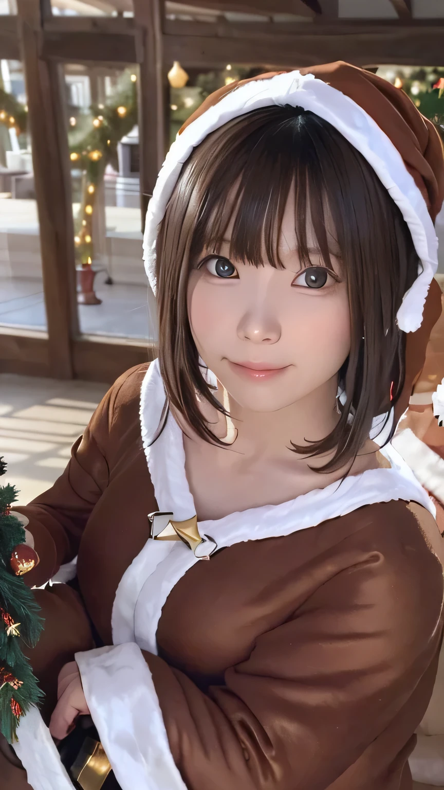 Purelos Face_v1, Highest quality, Realistic, 8K, High resolution, Full Color, One girl, woman, 20 years old woman, (Mouth closed:1.33), (Portraiture:0.6), wood, Dawn, ((Indoor background:1.52)), Full Color, ((Brown Santa costume:1.88)), View your viewers:1.8, (One girl eyes View your viewers:1.55), (Medium Hair, Brown Hair, Parted bangs:1.35), (Bokeh),Enako、Enako、Enako
