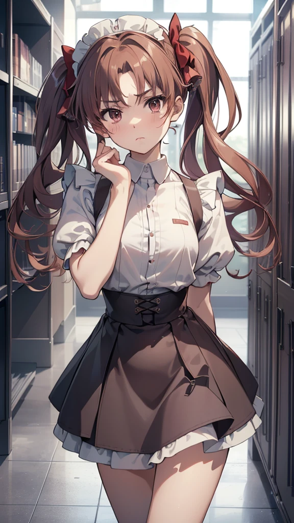 (highest quality, 8K, masterpiece, best image quality,  ultra hd, delicate and smooth skin, real looking skin, perfect and beautiful face ,perfect and cute face, high detail skin, perfect limbs、thin waist、thin legs)、NSFW、grumpy face、twin tails、brown hair、red ribbon、(Maid clothes)、locker room、