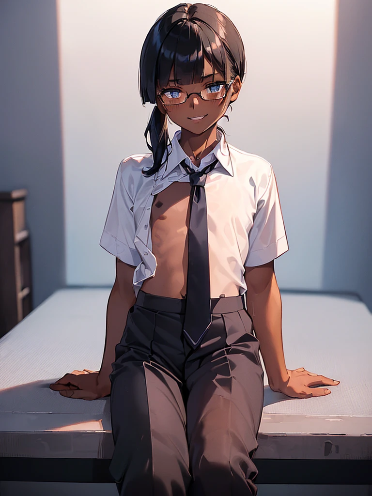 (1 girl solo),(dark skin:1.5),(masterpiece:1.2), highest quality, High resolution, unity 8k wallpaper, (fine and beautiful eyes:1.6), highly detailed face, perfect lighting, Detailed CG, (perfect hands, perfect anatomy),20 years old, (black hair:1.3), detailed eyes, best quality, extremely detailed, very precise detailed, (glasses:1.4), , (straight hair:1.5), (evil smile:1.2) ,long sidelocks, (blush:1.3),(sit on desk:1.3),(Put left knee in front:1.5),(boy's school uniform long pant:1.5),(loosen necktie:1.2),spread legs,bend knee,(open shirt:1.5),(short_sleeves shirt:1.3),(low ponytail),(blunt bangs:1.4), (greaming skin:1.3),(flat_chest:1.6), (oily skin:1.3),wide hips