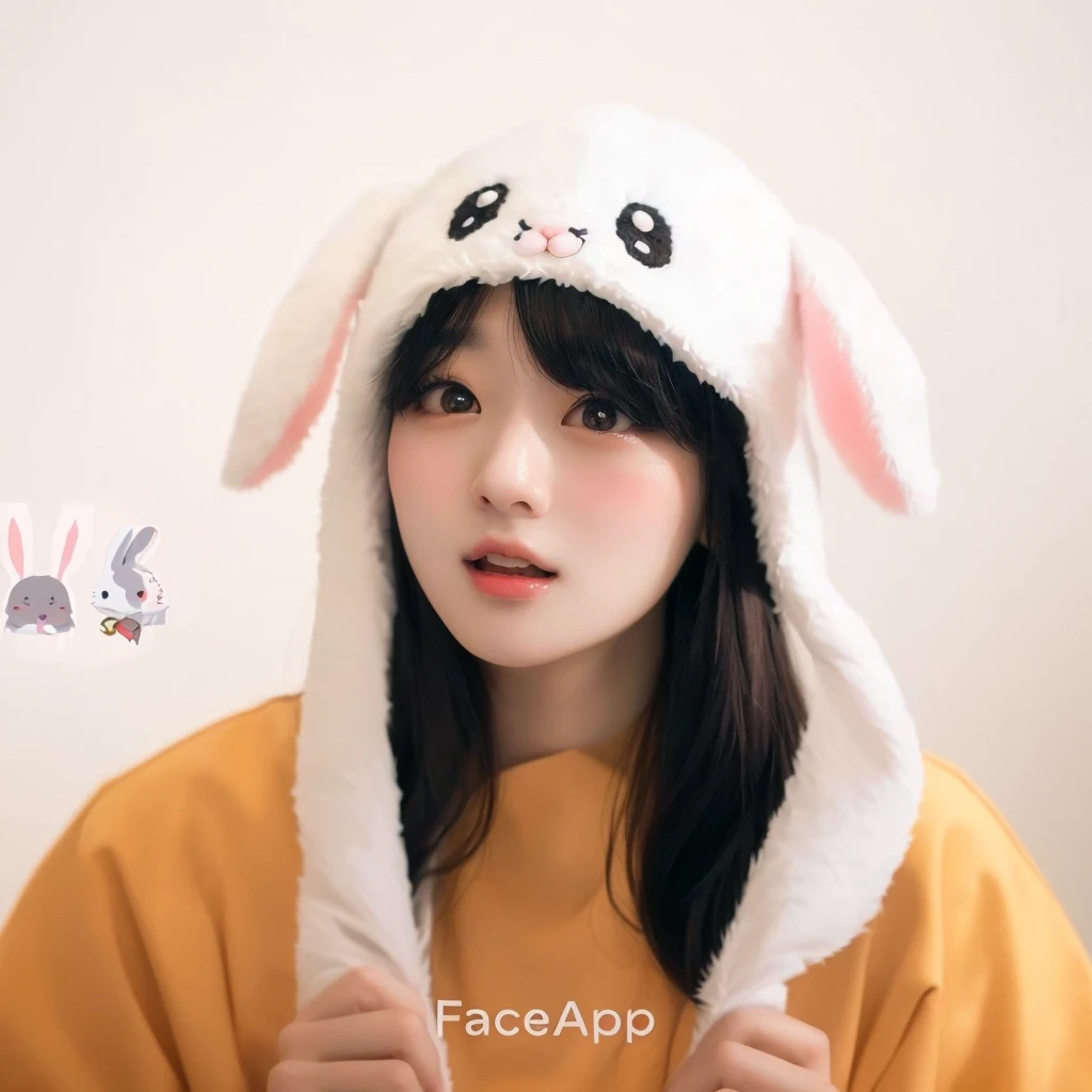 Araffe wearing a bunny hat with ears and eyes, adorable and pale korean face, she has a cute face e expressivo, Korean facial features, young lovely korean face, she has a cute face, with long drooping rabbit ears, tzuyu from twice, asian face, ahegao face, Japanese facial features, just a rabbit face, guy with artgram, Round and soft face