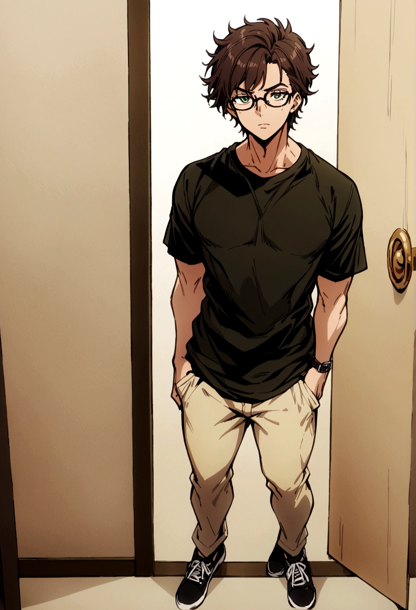 fullbody,masterpiece,standing,tshirt,dark brown curly short hair,green eyes,(bangs),adult,1boy,solo,light stuble,glasses,