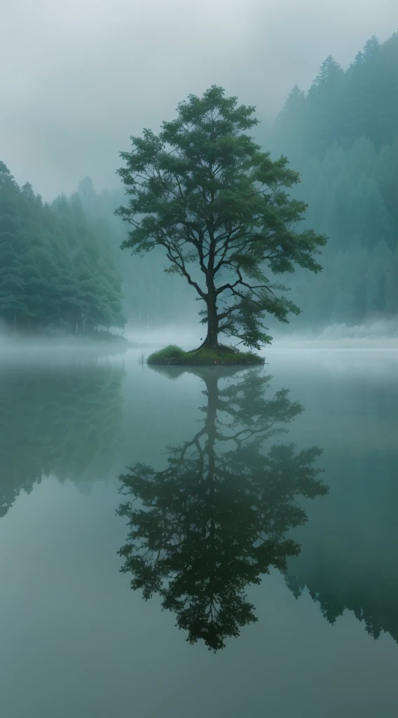 arafed Tree in the middle of a lake with a foggy sky, Still water like a mirror, Reflections on the water, In the peaceful scenery, mystical lake, Reflections in water, Clear reflection, Water reflection, Water reflection, Peaceful and tranquil, Reflections in water, Tree, floating Trees, single Tree, Misty mist, Calm and serene,Ultimate image quality,Canon R5 shooting,Ichijo Boat