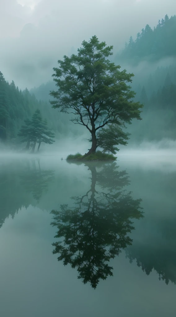 arafed Tree in the middle of a lake with a foggy sky, Still water like a mirror, Reflections on the water, In the peaceful scenery, mystical lake, Reflections in water, Clear reflection, Water reflection, Water reflection, Peaceful and tranquil, Reflections in water, Tree, floating Trees, single Tree, Misty mist, Calm and serene,Ultimate image quality,Canon R5 shooting,Ichijo Boat